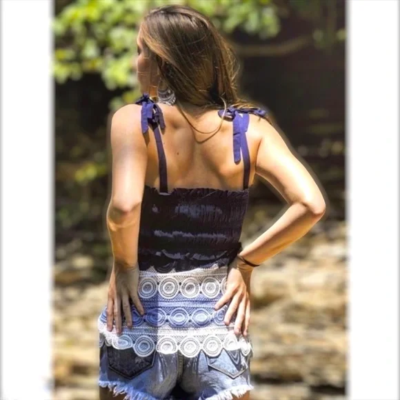 Lulumari Blue & Cream Bow Tie Strap Crochet Lace Top - Picture 7 of 9